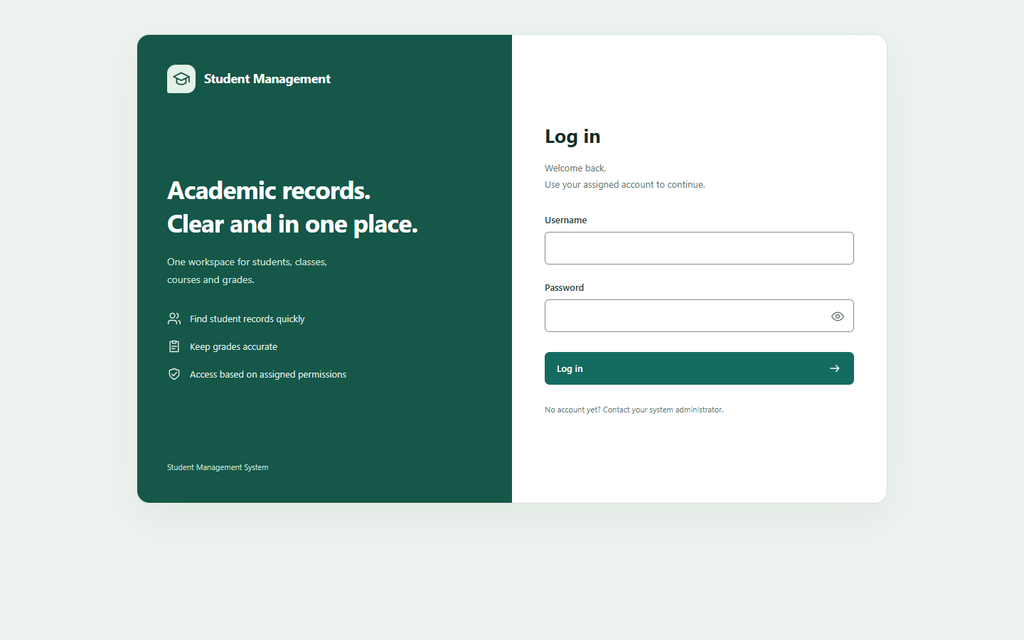 Login screen of the Student Management admin