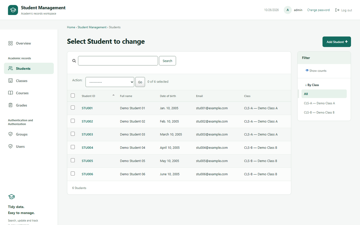 Students list in the Django admin with search and class filter