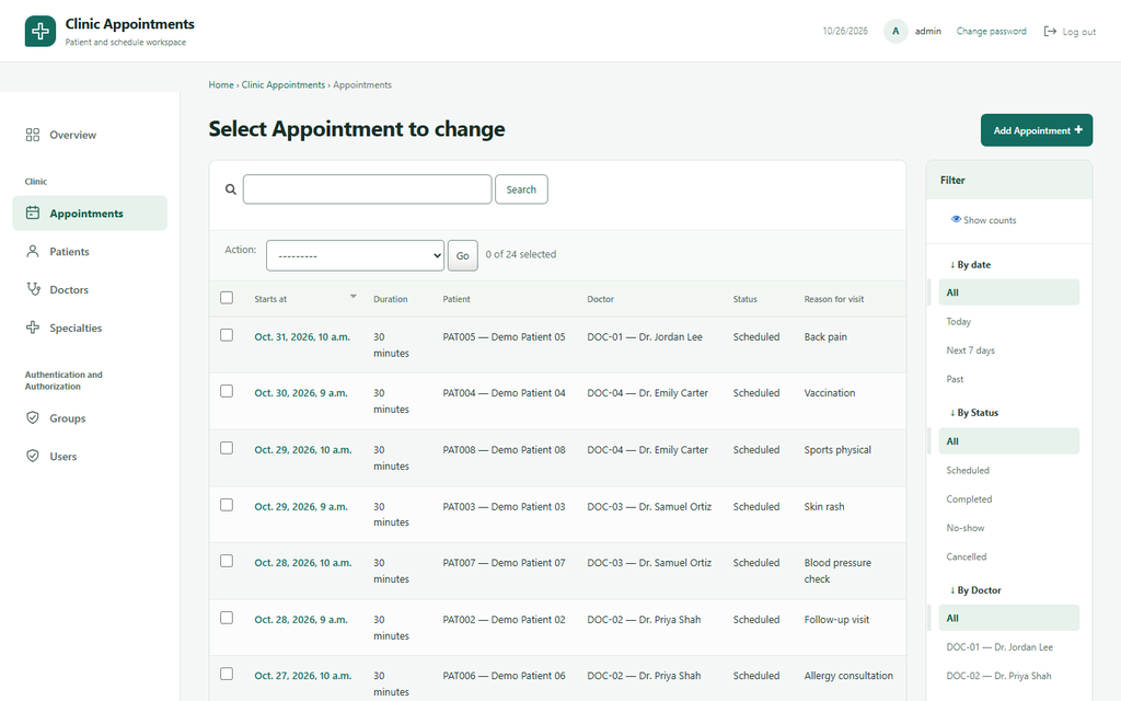Appointments list in the Django admin with date, status and doctor filters