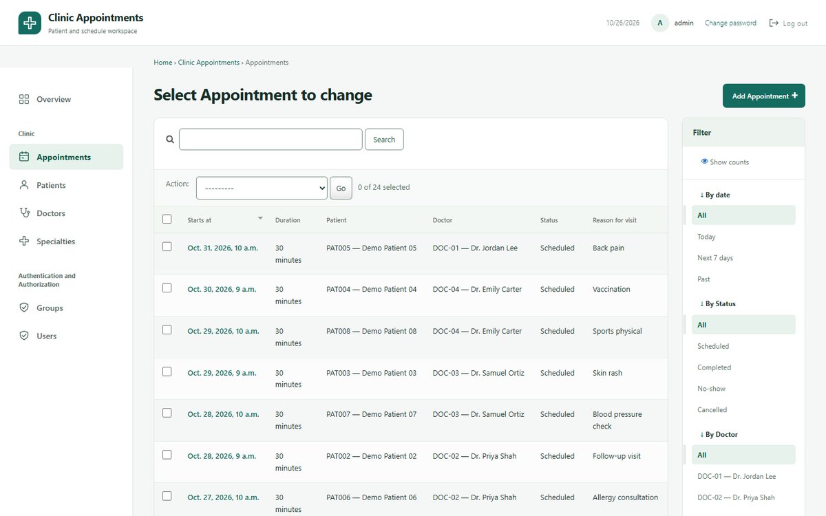 Appointments list in the Django admin with date, status and doctor filters