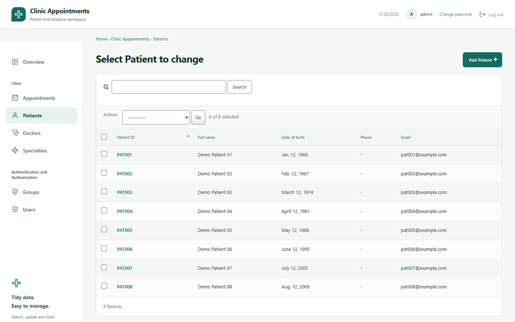 Patients list in the Django admin