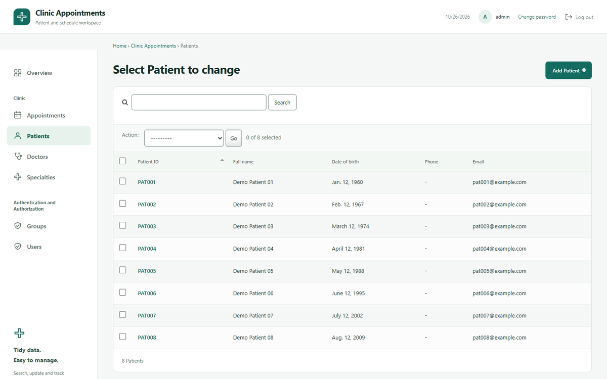 Patients list in the Django admin