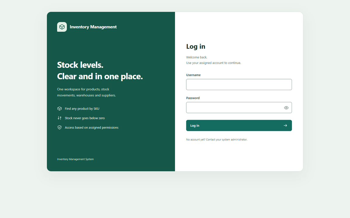 Login screen of the Inventory Management admin