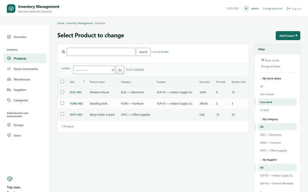 Products filtered by low stock status