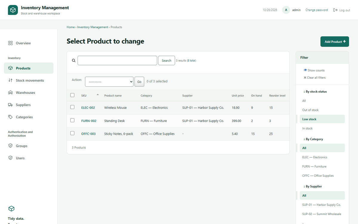 Products filtered by low stock status