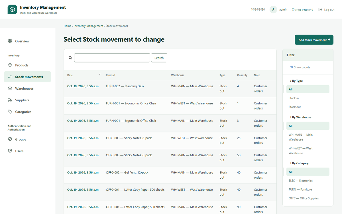Stock movements ledger with product, warehouse, type and quantity