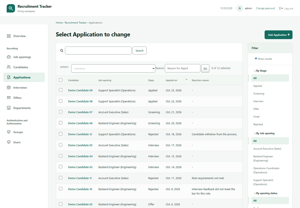 Applications list with stage filters and bulk actions to advance or reject