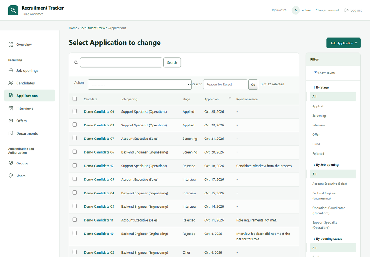 Applications list with stage filters and bulk actions to advance or reject