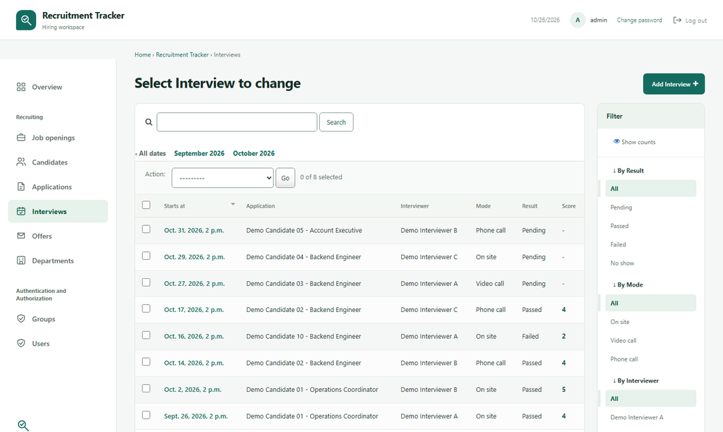 Interview schedule with result, mode and score filters