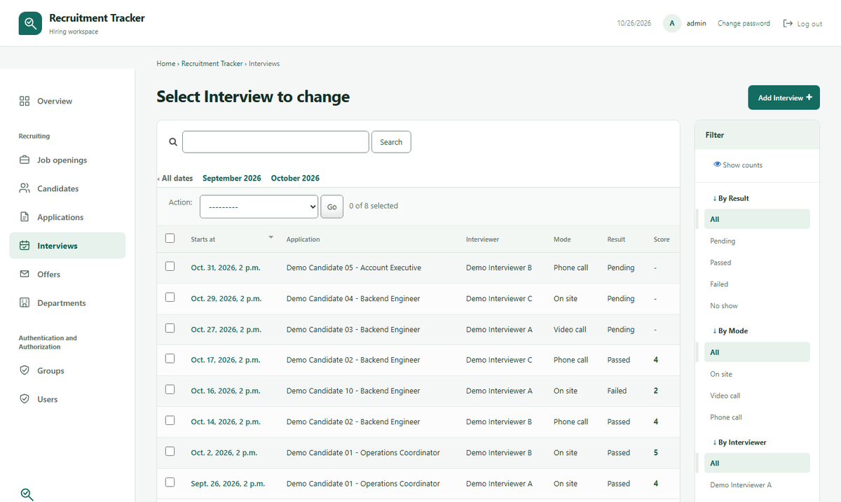 Interview schedule with result, mode and score filters