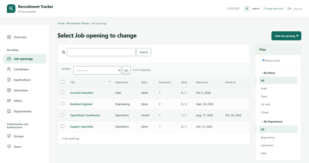 Job openings list in the Django admin with status filters and headcount