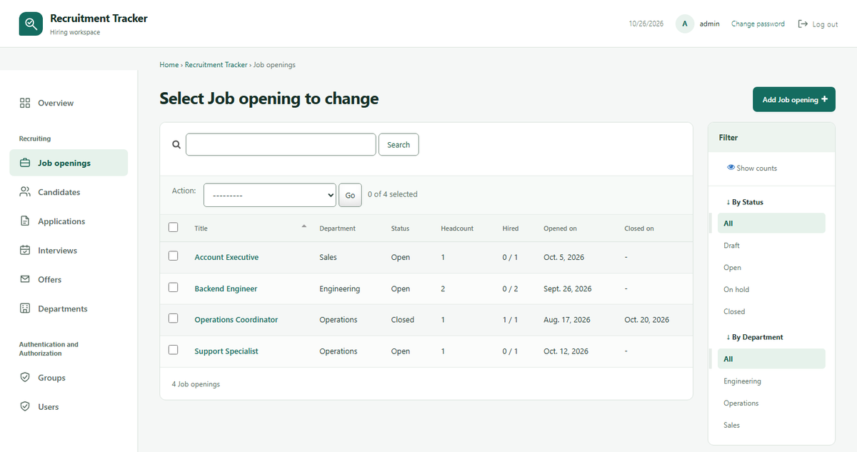 Job openings list in the Django admin with status filters and headcount