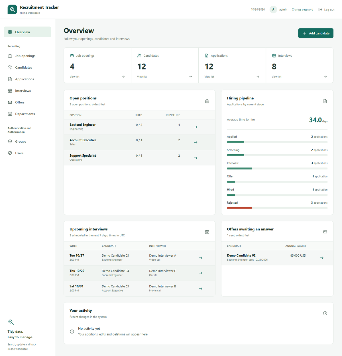 Overview dashboard with open positions, hiring pipeline funnel, upcoming interviews and offers awaiting an answer